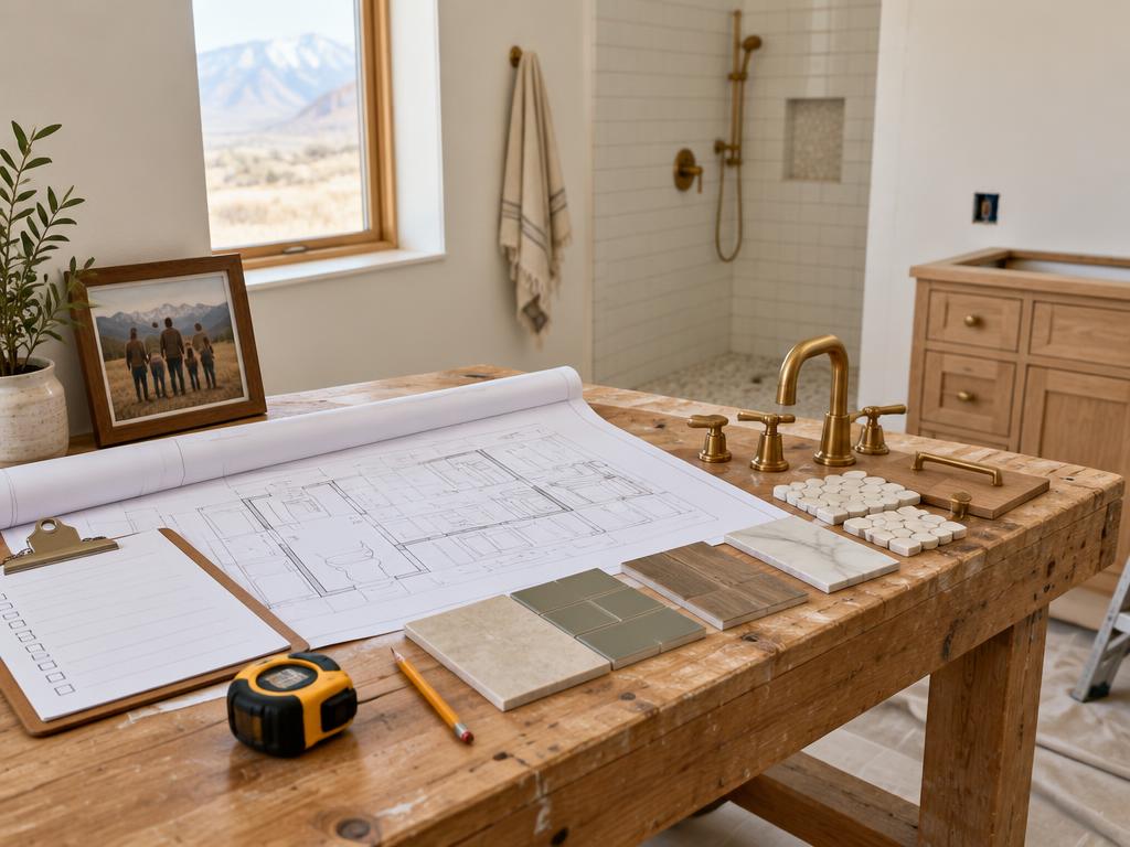 Job-site workbench with project plans, tile and faucet samples, and a framed family photo